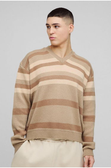 Oversized Boxy V Neck Brushed Stripe Knitted Jumper - tan