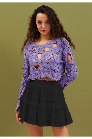 Flock Dot Tiered Ruffle Mini Skirt in Black