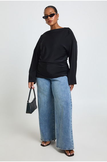 Plus Ruched Long Sleeve Blouse - black