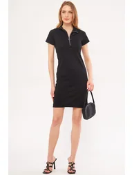 Women's Black Collar Zippered Body-Fitting Above Knee Short Sleeve Dress - 1
