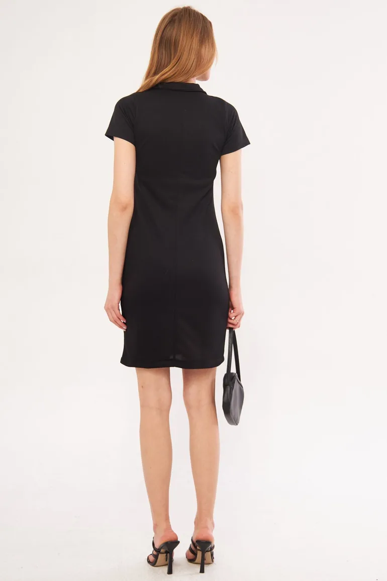Women's Black Collar Zippered Body-Fitting Above Knee Short Sleeve Dress - 2