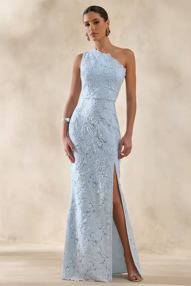 Lunia | Powder Blue Broderie Asymmetric-Neck Maxi Dress - 4