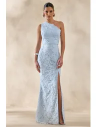 Lunia | Powder Blue Broderie Asymmetric-Neck Maxi Dress