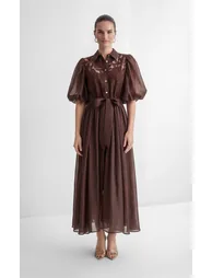 Breezy Wanderings Brown Leaf Embroidered Puff Sleeve Maxi Dress - 6