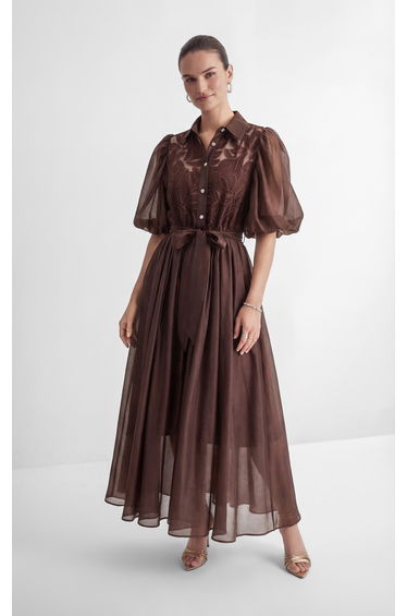 Breezy Wanderings Brown Leaf Embroidered Puff Sleeve Maxi Dress