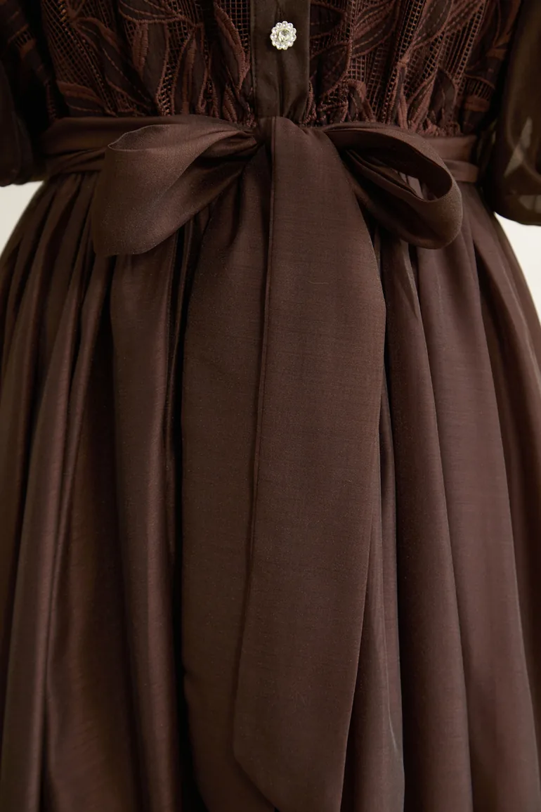 Breezy Wanderings Brown Leaf Embroidered Puff Sleeve Maxi Dress - 1