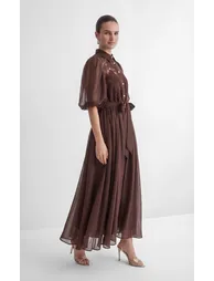 Breezy Wanderings Brown Leaf Embroidered Puff Sleeve Maxi Dress - 5