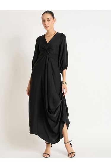 Black Satin Front Twisted Dress