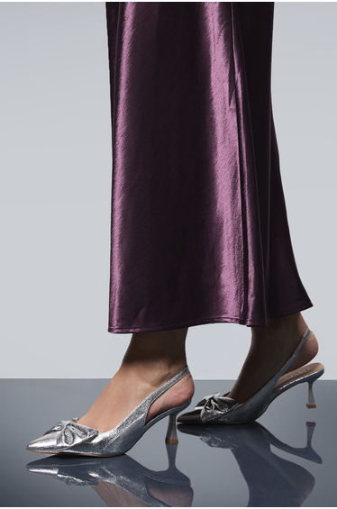 Dora Faux Metallic Leather Bow Slingback Medium Stiletto Heeled Court Shoes