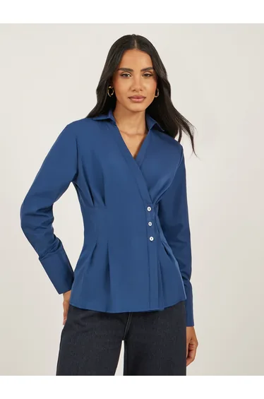 Women Navy Blue Solid Pleated Regular Fit Wrap Shirt