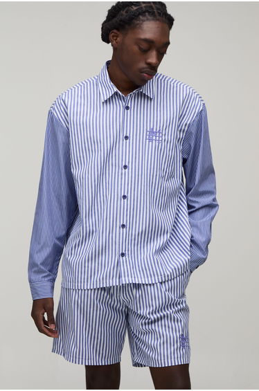 Embroidered Spliced Stripe Oversized Shirt & Short Set - navy