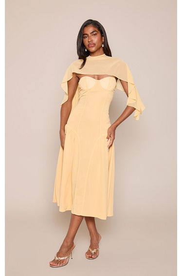 Lemon Chiffon Cape Detail Bandeau Skater Midi Dress