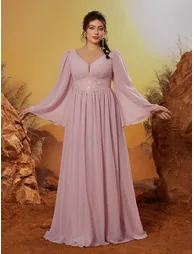 Leely Plus Women's Elegant V-Neck Long Sleeve Chiffon Bridesmaid Dress