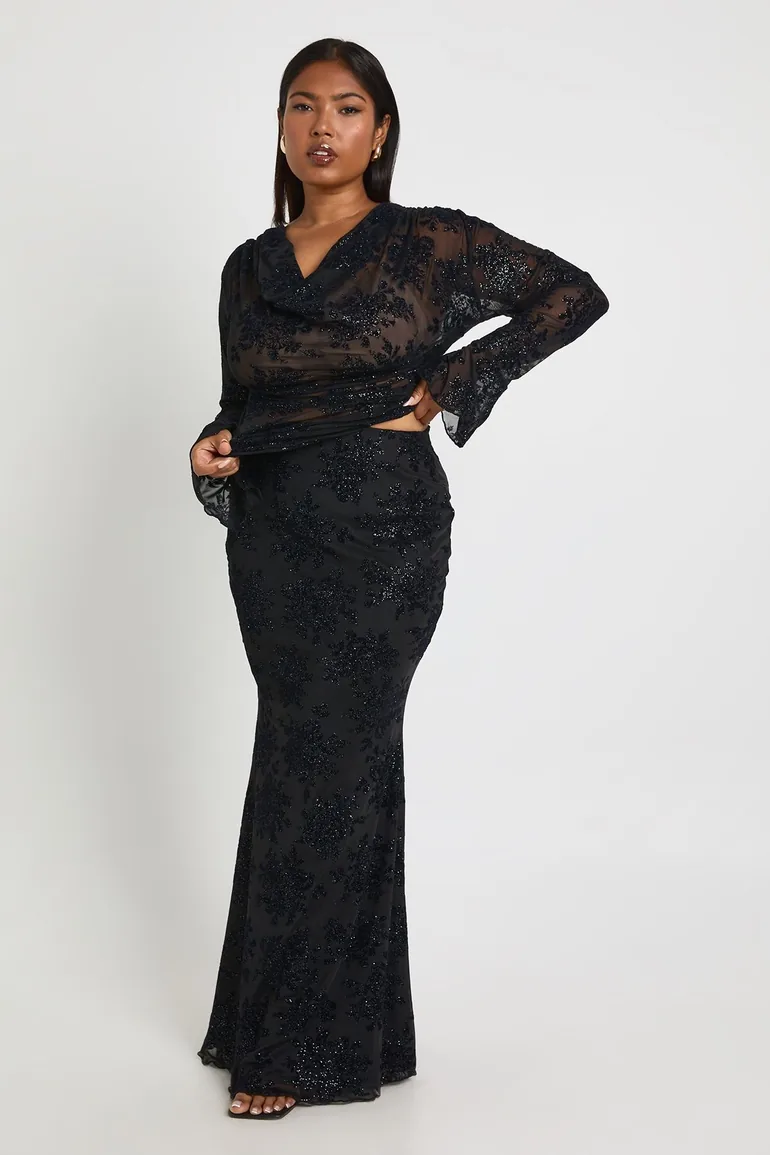 Plus Glitter Devore Maxi Skirt - black - 1