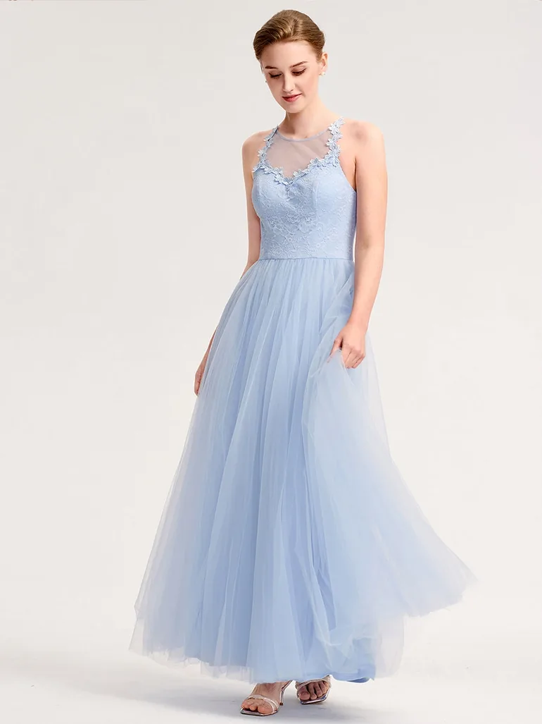 Sleeveless Halter Neck Floral Appliques A-Line Floor Length Bridesmaid Dresses - 3