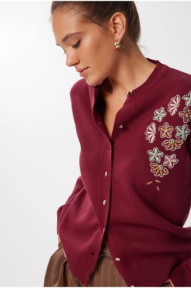 Women's Burgundy Embroidered Beaded Knitwear Cardigan
