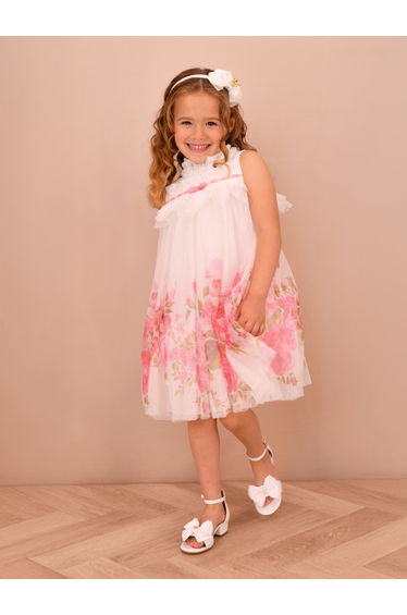 Angels Face Girls Mindi Border Print Tulle Dress in White