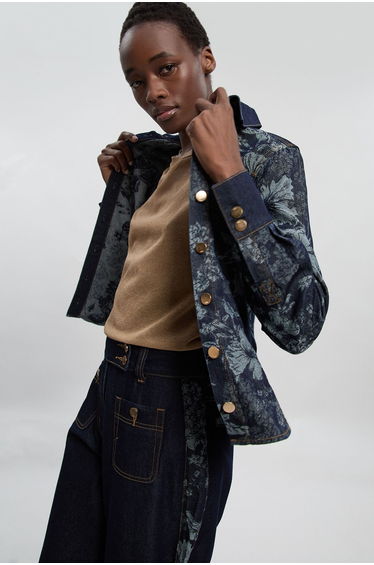 Jacquard Denim Contrast Collar and Cuff Shirt