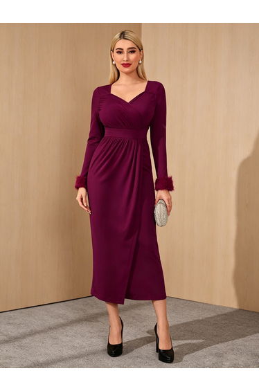 Burgundy Faux Fur Cuff Sheath Midi Dress