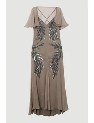 Feather Embellished Woven Cape Sleeve Maxi Dress - 3