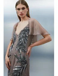 Feather Embellished Woven Cape Sleeve Maxi Dress - 1