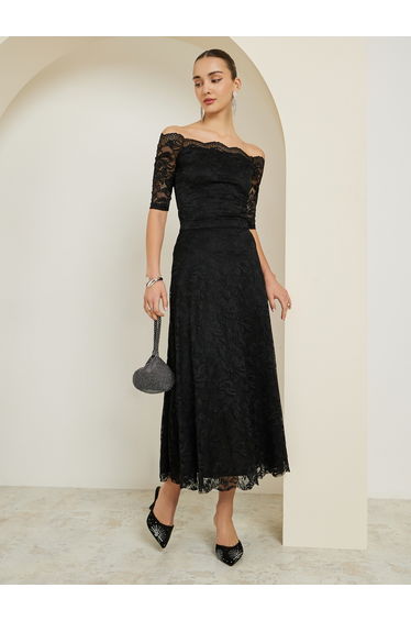 Black Lace A-Line Midi Skirt