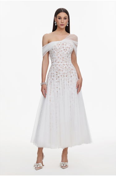 Yvonne Elegant Tailored Off Shoulder Lace Tulle Maxi Dress