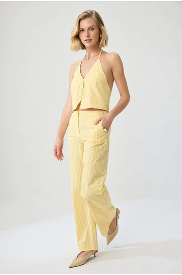 Yellow Striped Backless Vest Wide Leg Pants Woven Bottom - Top Set
