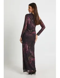 Printed Floral Mesh Asymmetric Tie Waist Maxi Dress - black - 1