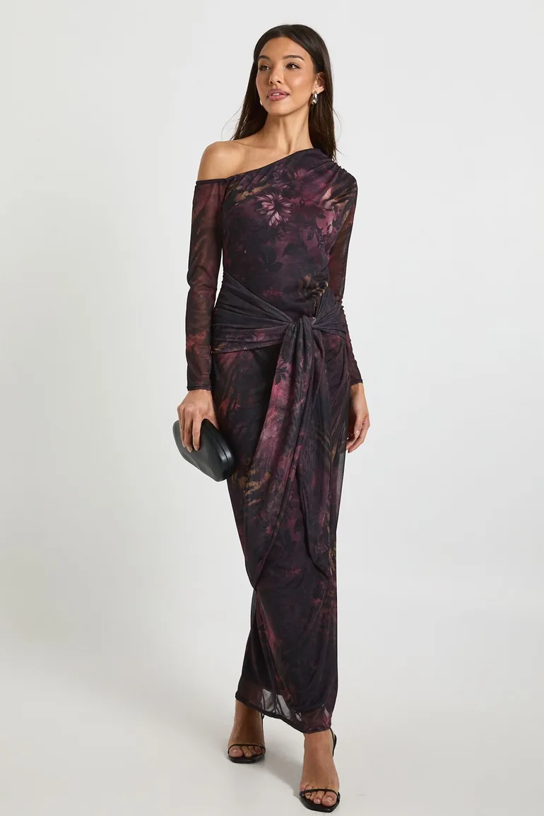 Printed Floral Mesh Asymmetric Tie Waist Maxi Dress - black
