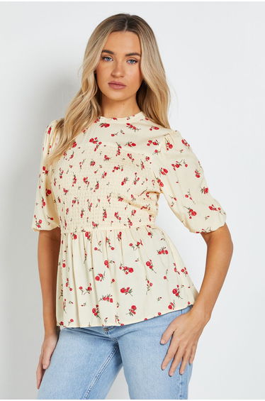 Yellow Ditsy High Neck Shirred Bodice Top