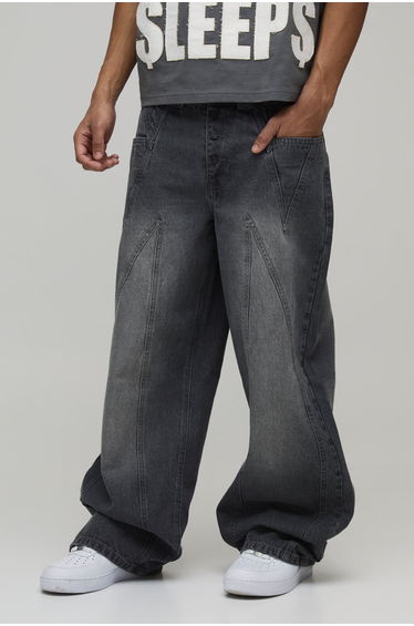 Baggy Panelled Washed Jeans - mid grey