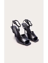 Black Crinkle Square Toe Heeled Sandals - 1