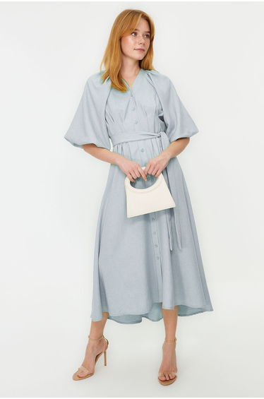 Blue Belted Half Balloon Sleeve Linen Look Woven Shirt Dress