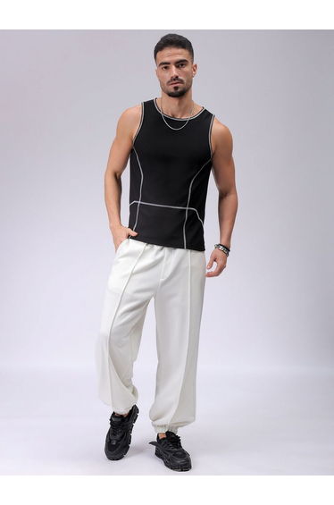 Men Black Regular Fit Textured Crew Neck Tank Top