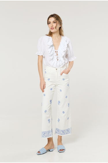 White Floral Embroidered Wide Leg Jeans