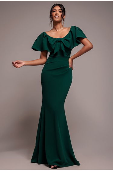 Cape Sleeve Detail Front Tie Maxi Dress - Emerald Green by Goddiva
