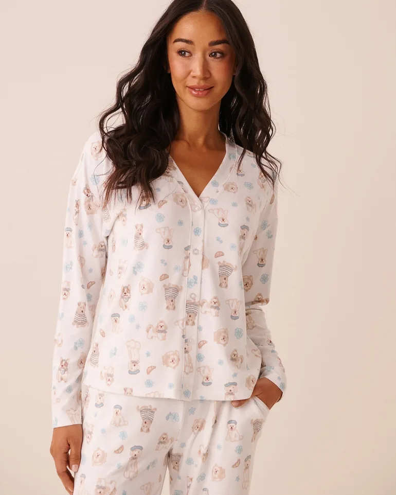 Dog Print Soft Knit Long Sleeve Button-down Top - 1