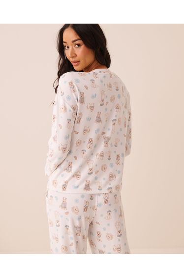 Dog Print Soft Knit Long Sleeve Button-down Top