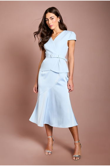 Wrap Top Satin Skirt Short Sleeve Midi Dress
