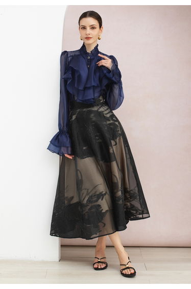 Shadow Black Floral Jacquard Organza Maxi Skirt for Evening Parties & Special Occasions