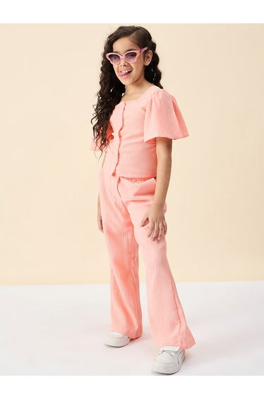 Girls Peach Solid Buttoned Top and Pants Set