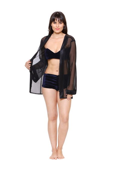 Women Navy Blue Bikini and Sheer Robe Set