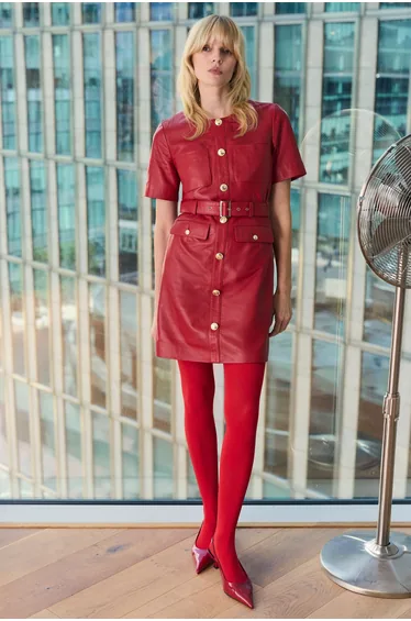 Leather Pocket Belted Mini Dress