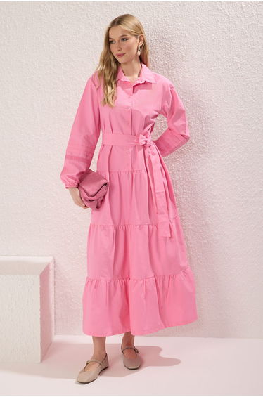 Pink Cuffed Embroidered Detailed Woven Dress