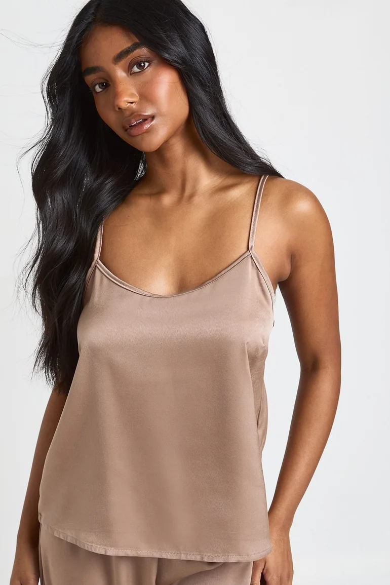 Satin Cami & Wide Leg Trouser Pyjama Set - mocha - 3