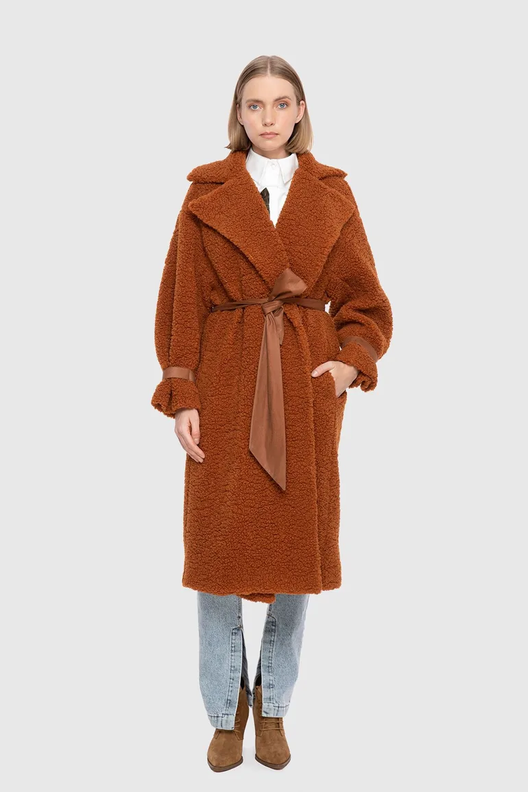 Shop Faux Fur Oversize Tobacco Color Coat Online in Oman
