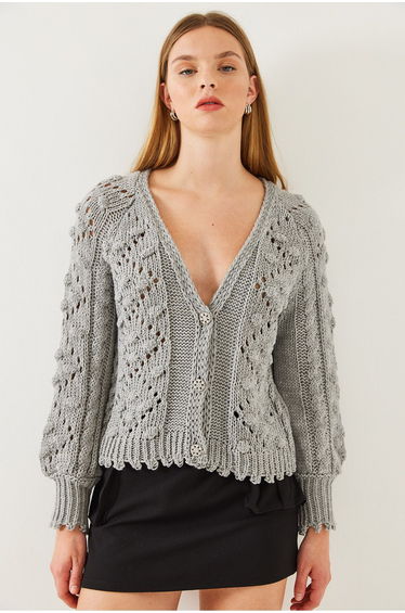Women's V-Neck Pompom Three-Button Knitted Cardigan
