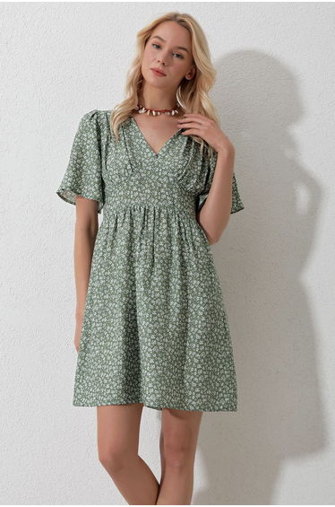 Women's Khaki V-Neck Short Sleeve Floral Patterned Skirt Flounce Woven Dress