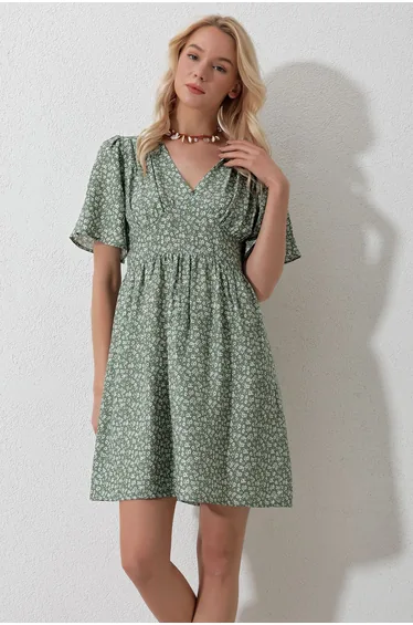 Women's Khaki V-Neck Short Sleeve Floral Patterned Skirt Flounce Woven Dress